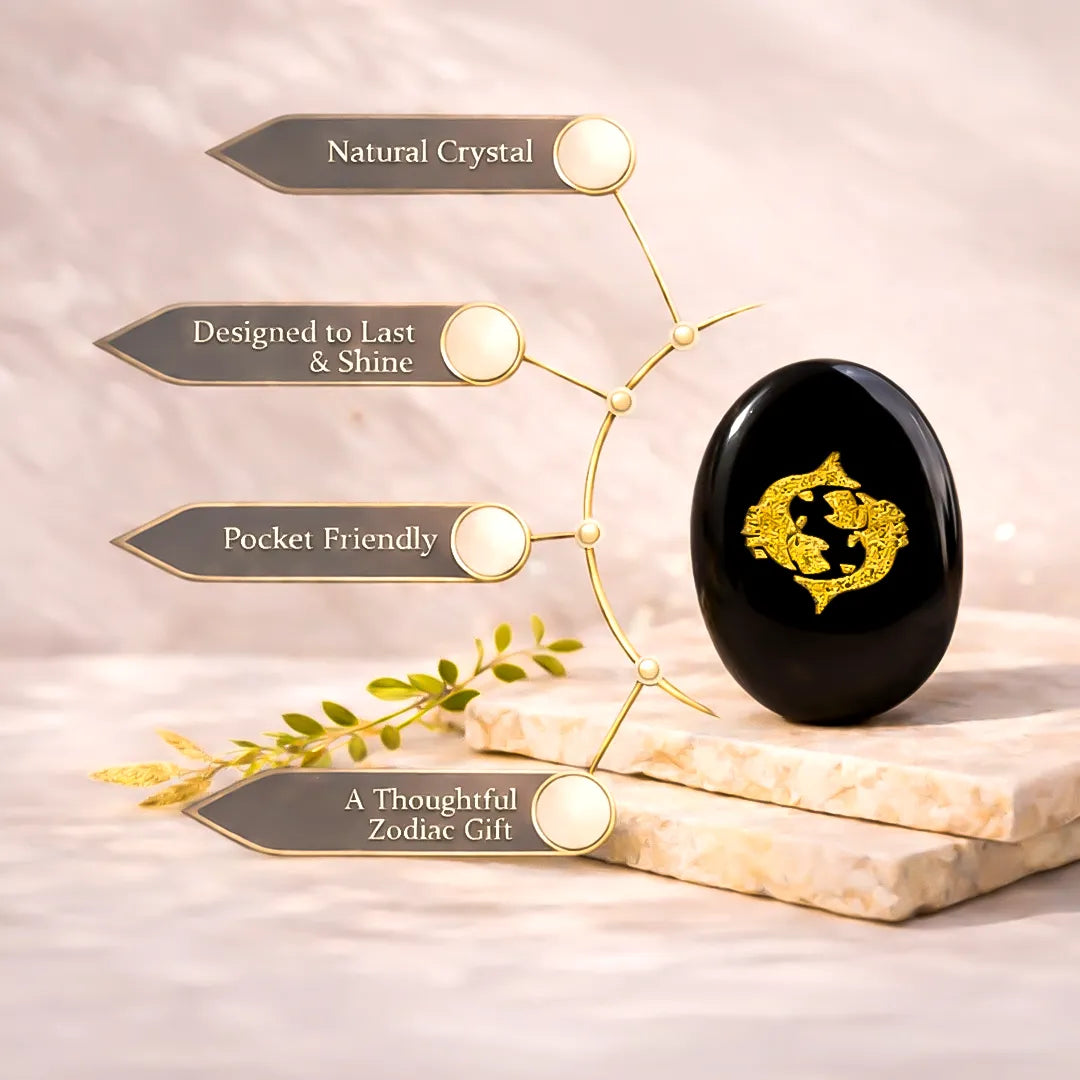 Black crystal stone with gold design on a beige background, featuring text about its qualities.Pisces Zodiac Sign Coin – Abhimantrit Astrology Coin for Peace