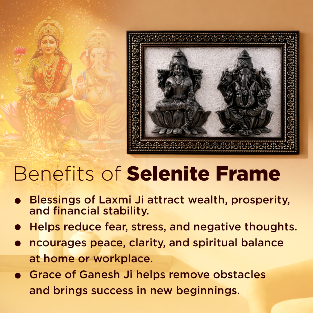 Decorative frame with images of Laxmi and Ganesh on a warm background with text about selenite frame benefits.
