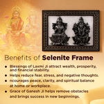 Decorative frame with images of Laxmi and Ganesh on a warm background with text about selenite frame benefits.