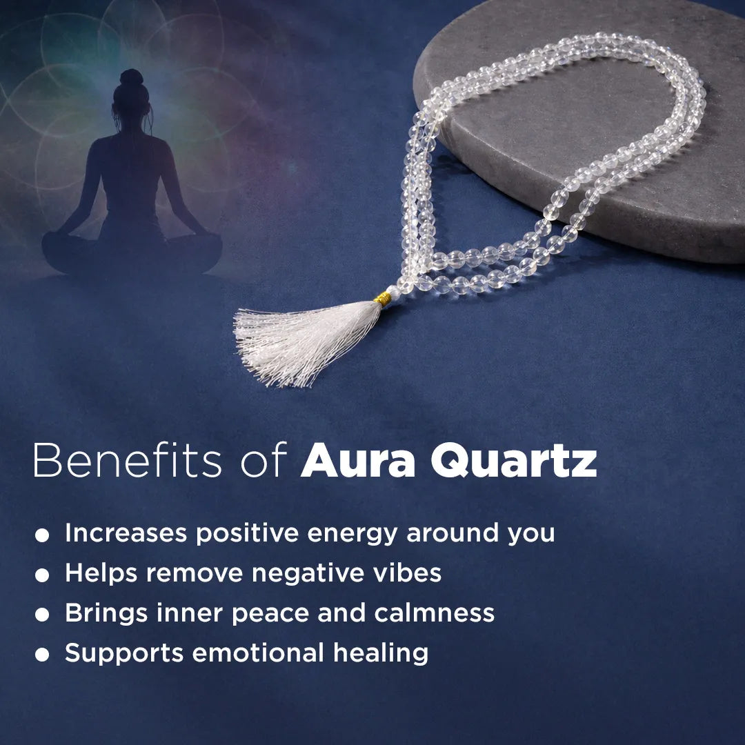 Meditation necklace with tassel on a dark background, featuring text about Aura Quartz benefits.