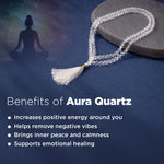 Meditation necklace with tassel on a dark background, featuring text about Aura Quartz benefits.