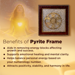 Pyrite frame with a woman meditating and benefits listed on a warm background
