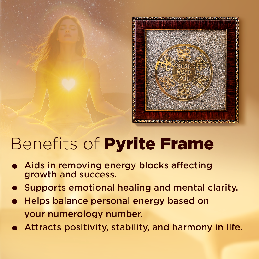 Pyrite frame with a woman meditating and benefits listed on a warm backgroundNumerology Healing Yantra Raw Pyrite Frame - Energy Balance & Prosperity Frame