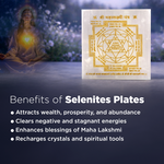 Selenites plate with spiritual text and a woman in a meditative pose with flowers.