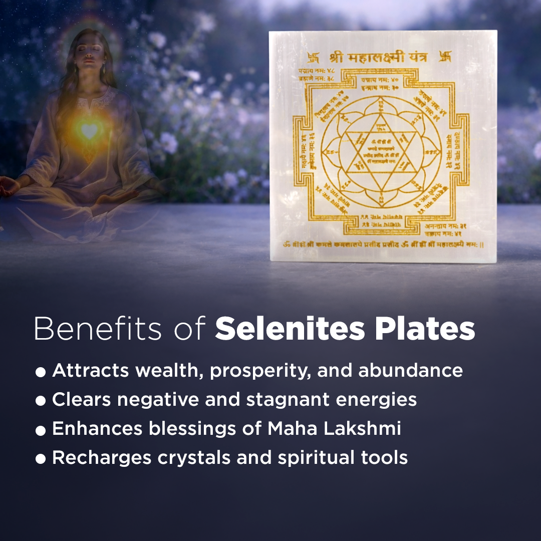 Selenites plate with spiritual text and a woman in a meditative pose with flowers.प्रीमियम प्राकृतिक सेलेनाइट महा लक्ष्मी यंत्र-अभिमंत्रित