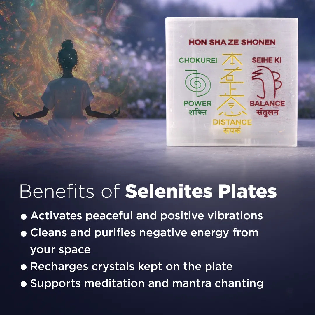 Selenite plate with energy symbols and a person meditating in the backgroundReiki Distance Selenite Plate – Square Energy Healing & Charging Plate