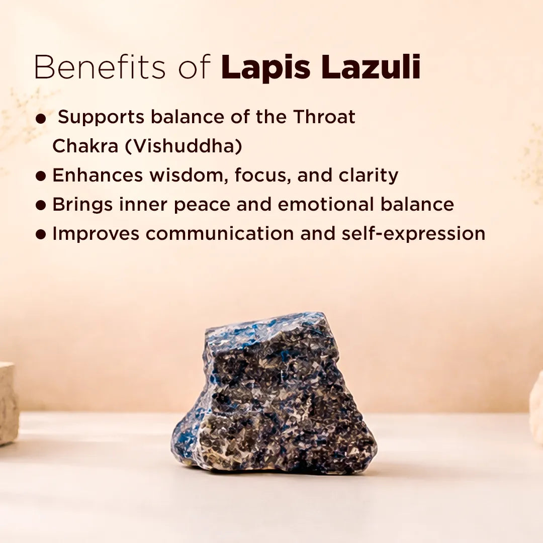Lapis Lazuli stone with text about its benefits on a beige background