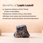 Lapis Lazuli stone with text about its benefits on a beige background