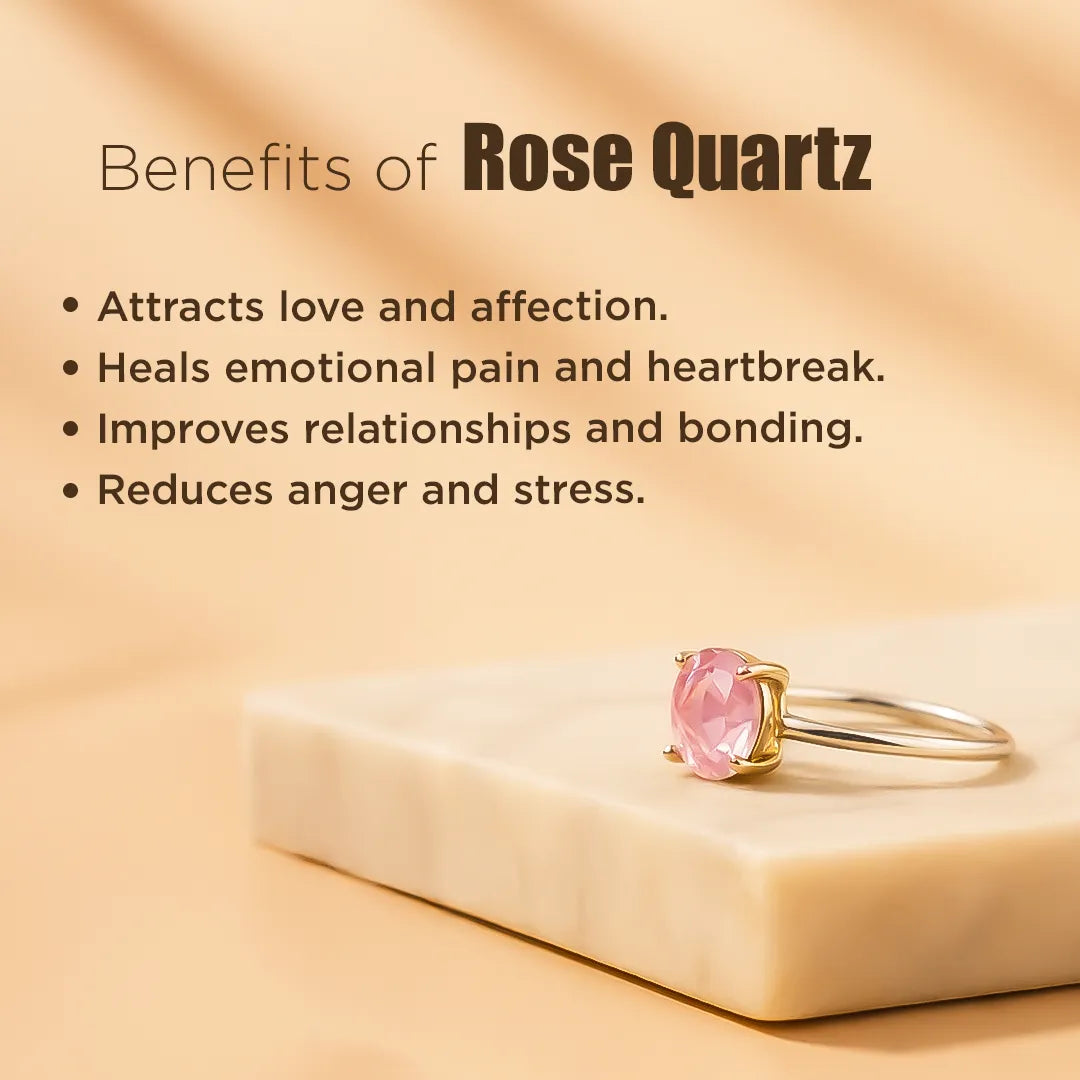 Rose Quartz ring on a beige surface with text about its benefits.Rose Quartz Ring: Relationship & Love