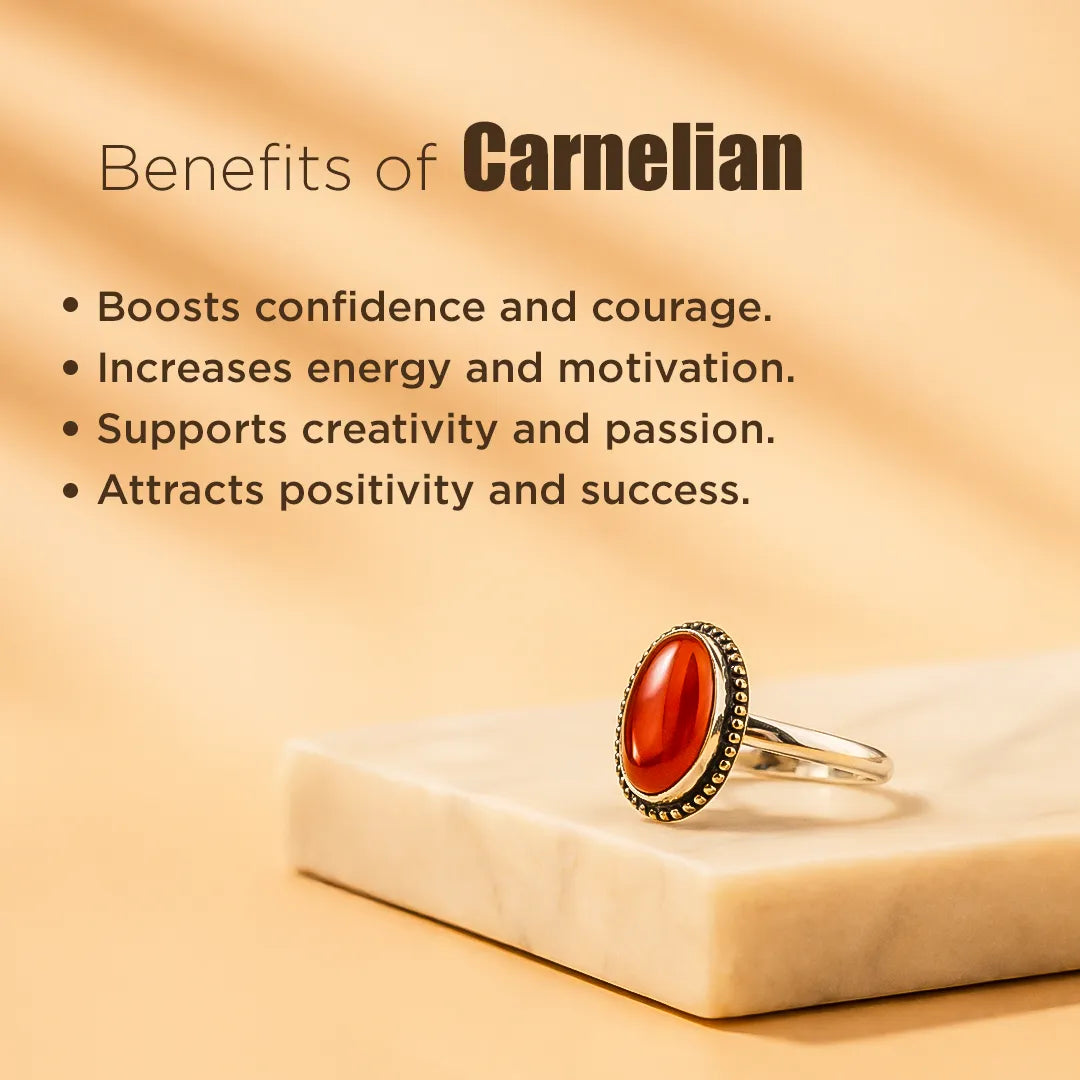 Carnelian ring on a beige stone with text about its benefits on a beige backgroundCarnelian Oval Ring: Supports in Achieving Goals
