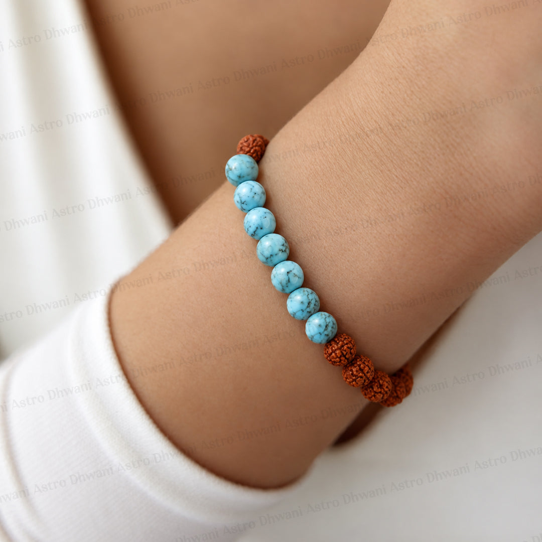 Enhance Immune & Communication: Turquoise with Rudraksha Bracelet - Abhimantrit & Certified