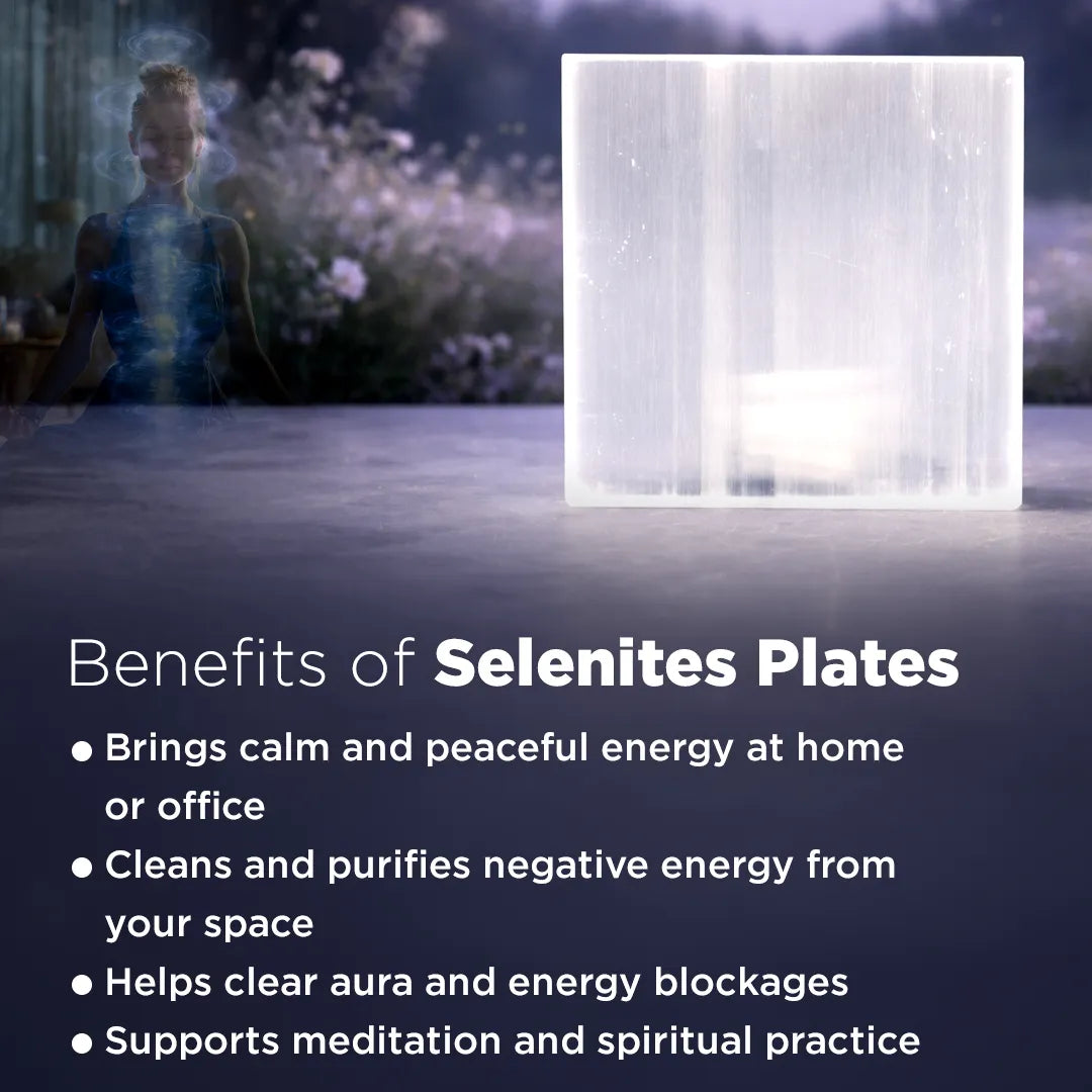 Selenite plate with a woman in a garden and text listing benefits on a dark background