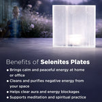 Selenite plate with a woman in a garden and text listing benefits on a dark background