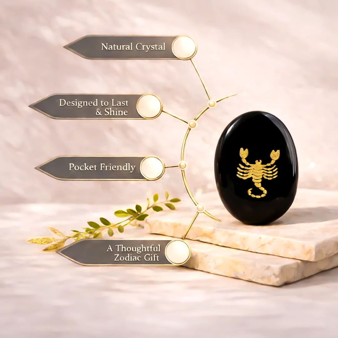 Black crystal with gold scorpion design on a beige background with text about its features.Scorpio Zodiac Sign Coin – Abhimantrit Astrology Coin for Protection