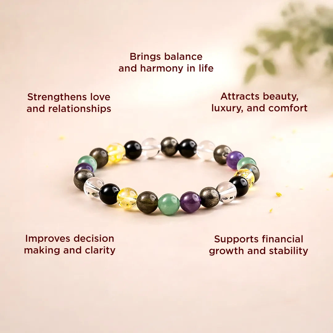 Colorful beaded bracelet on a light pink background with text about its benefits.Libra Zodiac Bracelet – Natural Multi Stone Bracelet for Balance – Abhimantrit