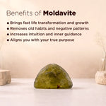 Moldavite stone with benefits listed on a beige background