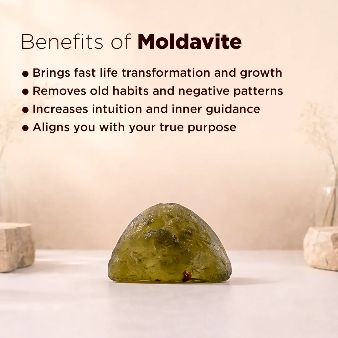 Moldavite stone with benefits listed on a beige backgroundRough Natural Moldavite – Rare Transformation & High Vibration Stone