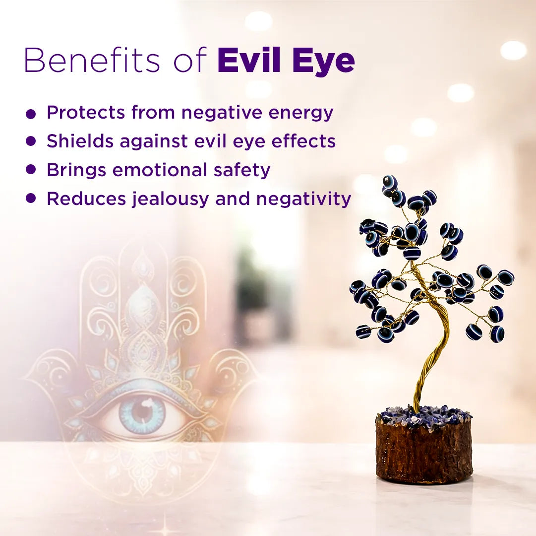 Decorative plant with stones on a blurred background with text about the benefits of an 'Evil Eye'.Evil Eye Tree – Protection from Negative Energy & Nazar