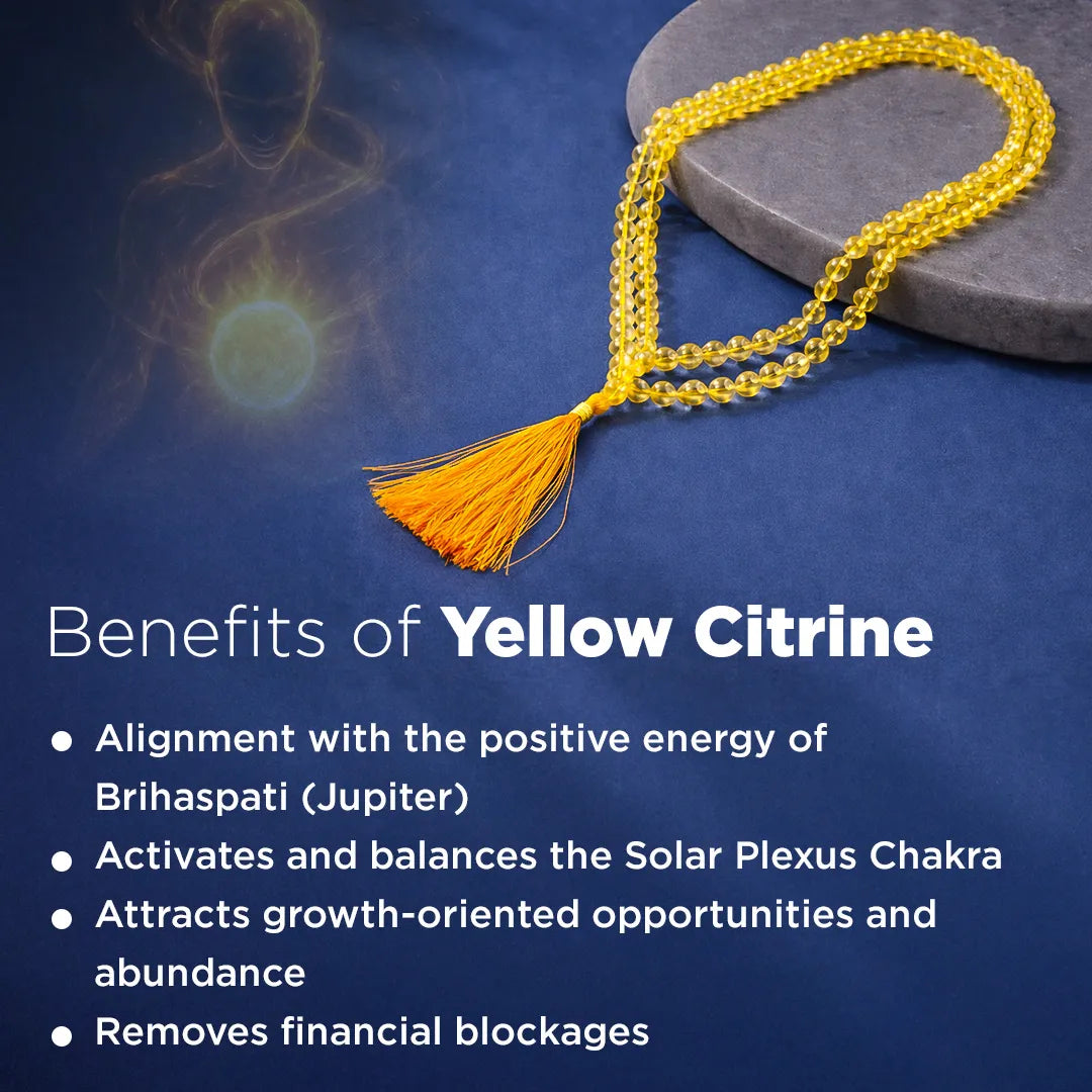 Yellow beaded necklace with tassel on a dark blue background with text about yellow citrine benefits.