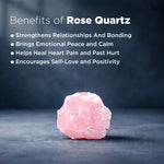 Rose quartz crystal with benefits listed on a dark background