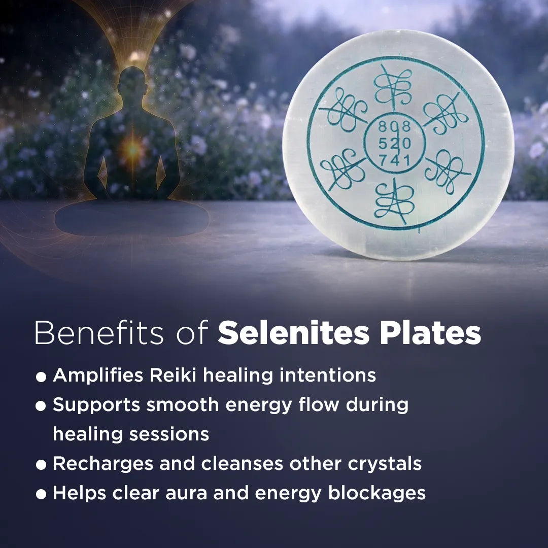 Selenite plate with energy symbols on a blurred background of a person in meditation.
