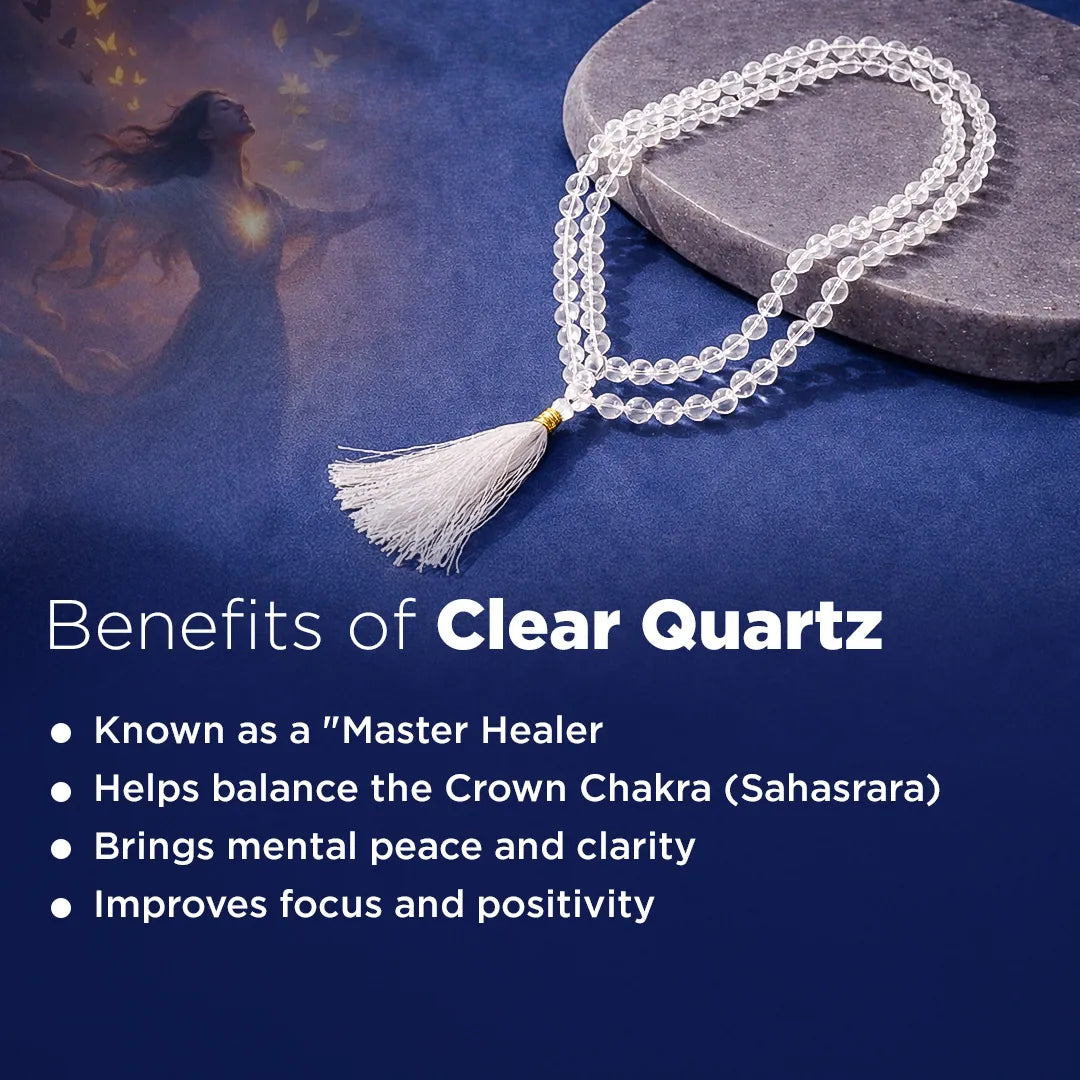 Clear quartz necklace with tassel on a blue background, featuring text about its benefits.Clear Quartz Crystal Mala – Master Healer Meditation
