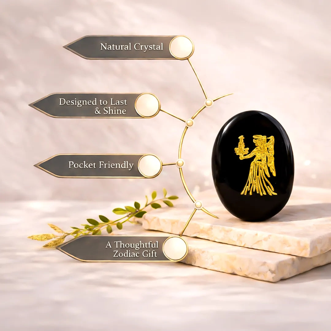 Black crystal with gold design on a light background with text about its features.