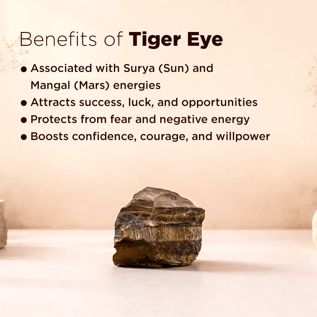 Tiger eye stone with benefits listed on a beige background