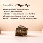 Tiger eye stone with benefits listed on a beige background