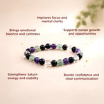 Necklace with beads on a light background with text about its benefits