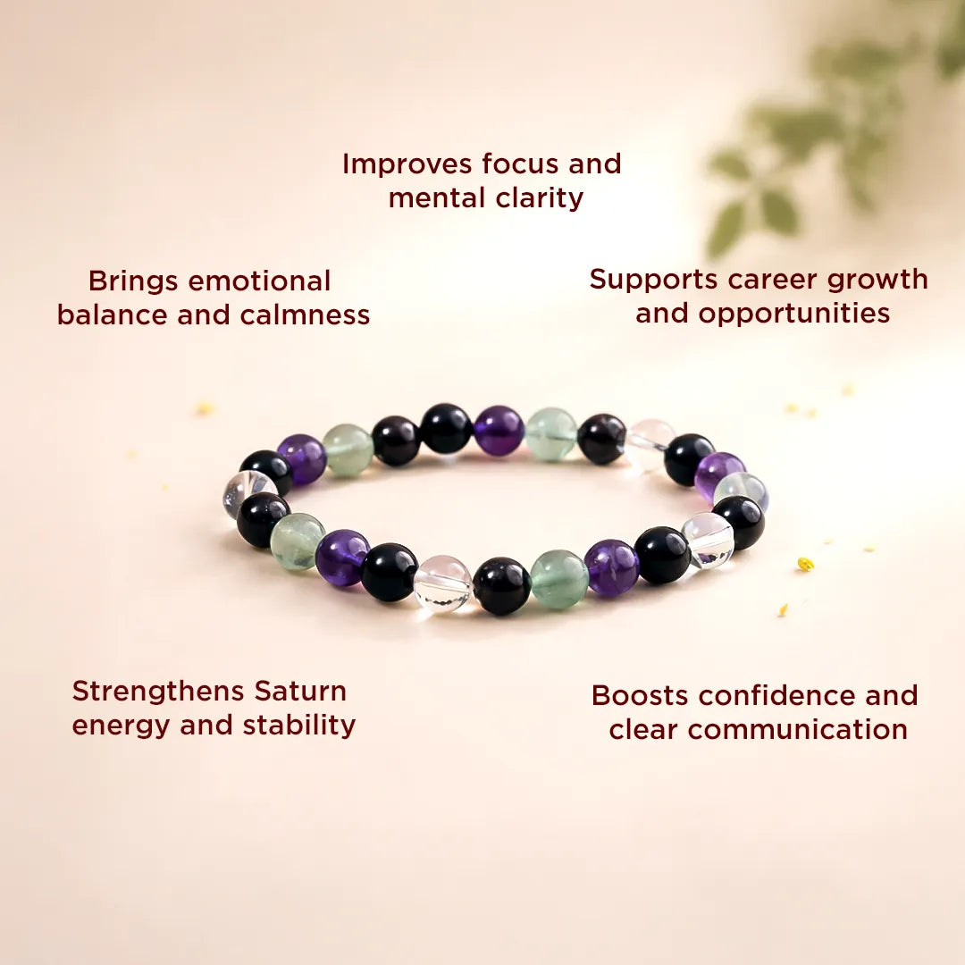 Necklace with beads on a light background with text about its benefitsAquarius Zodiac Bracelet – Natural Multi Stone Bracelet for Creativity – Abhimantrit