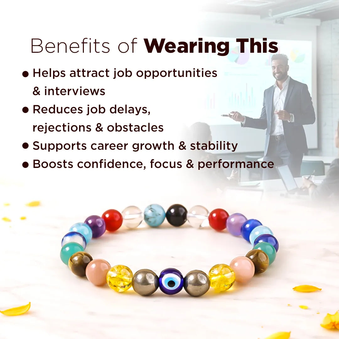Colorful beaded bracelet with text about its benefits on a blurred office background