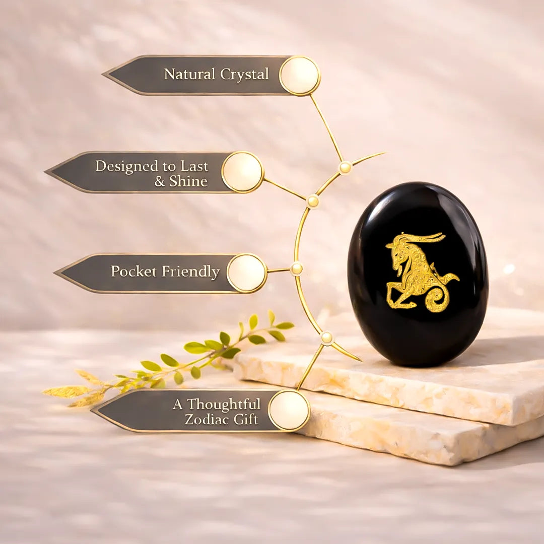 Black crystal with gold zodiac symbol on a beige background with text about its features.
