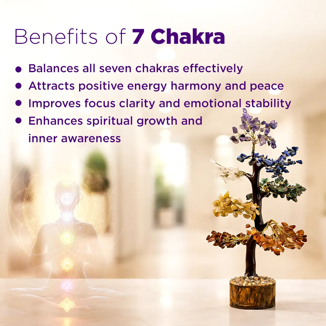 7 Chakra tree with benefits listed on a blurred background7 Chakra Crystal Tree – Balance, Healing & Positive Energy