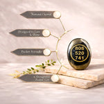 Black crystal with gold numbers on a light background with decorative elements