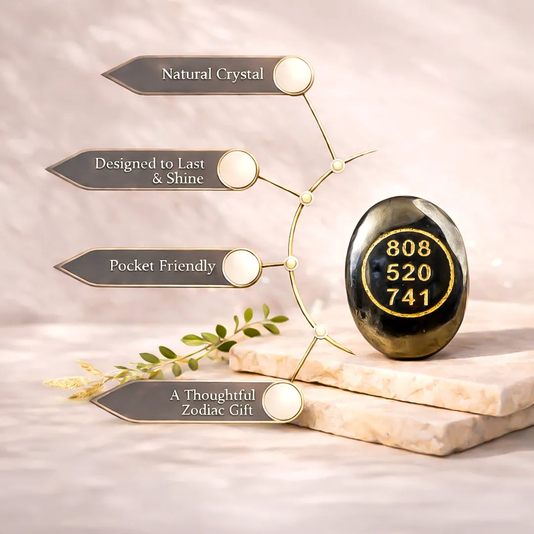 Black crystal with gold numbers on a light background with decorative elementsPyrite Zibu Coin – Abhimantrit for Wealth Protection