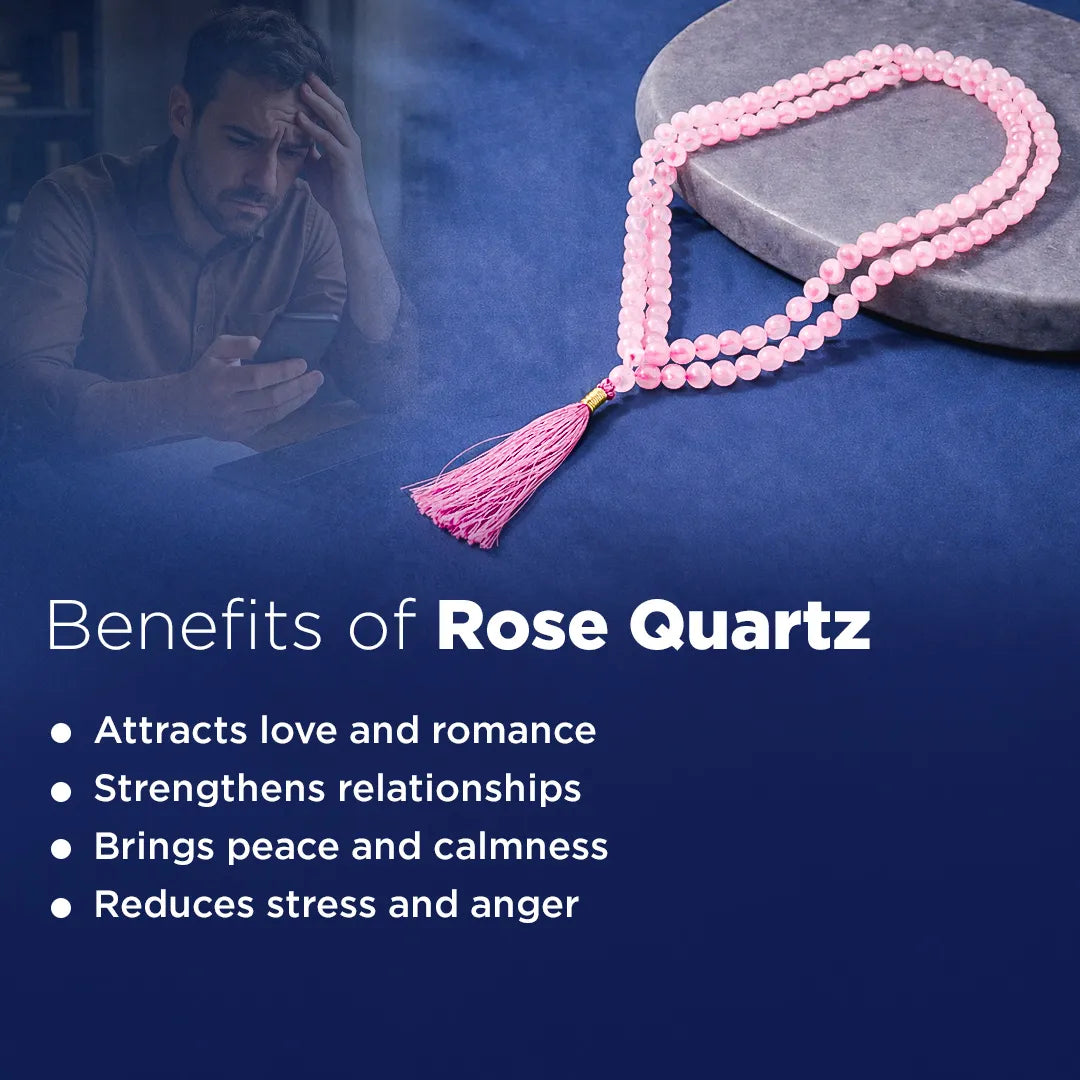 Rose Quartz necklace with a man using a phone in the background, text about benefits of Rose Quartz.Rose Quartz Crystal Mala – Love, Peace & Emotional Healing