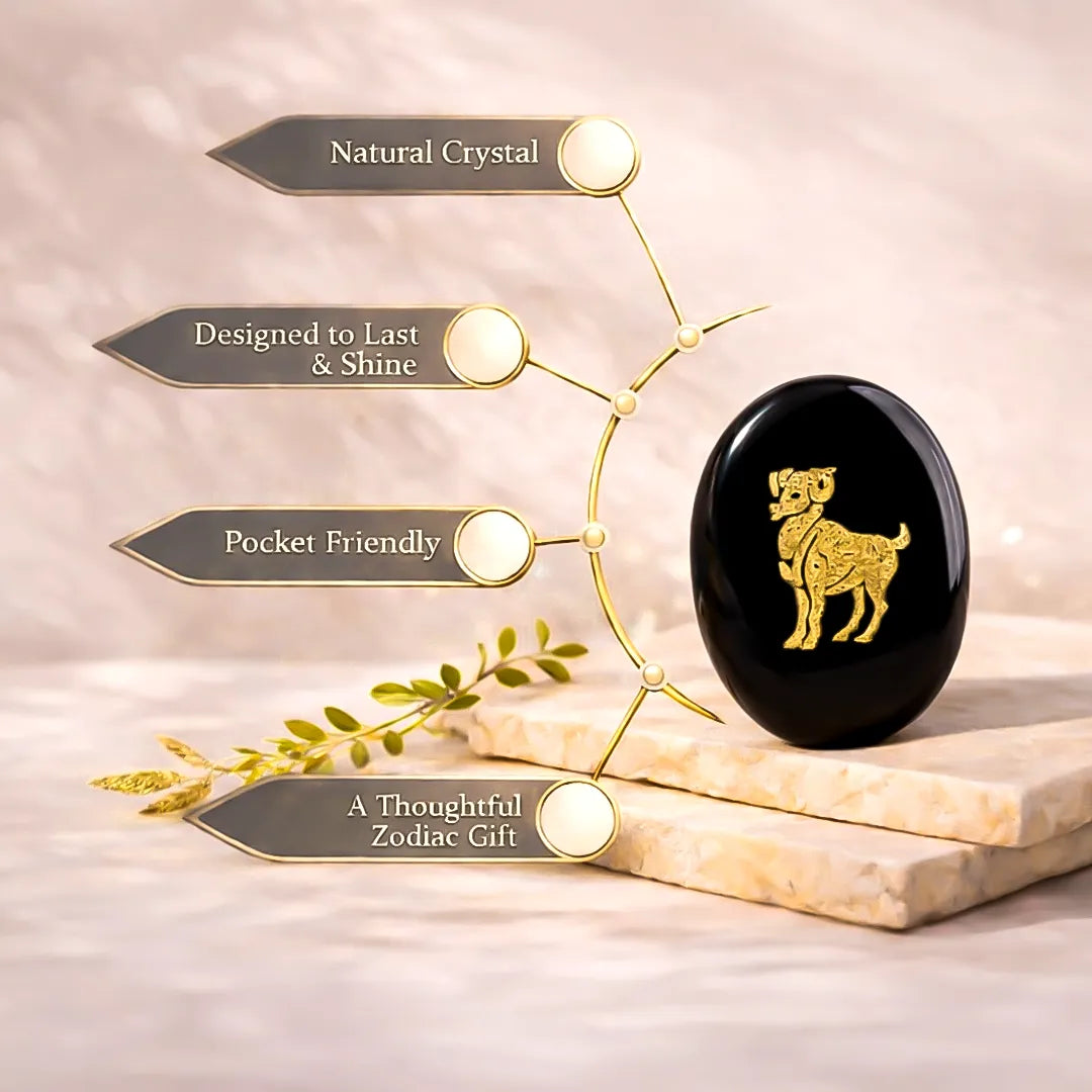 Black crystal with gold dog design on a beige background with text about its features.Aries Zodiac Sign Coin – Abhimantrit Astrology Coin for Courage & Energy