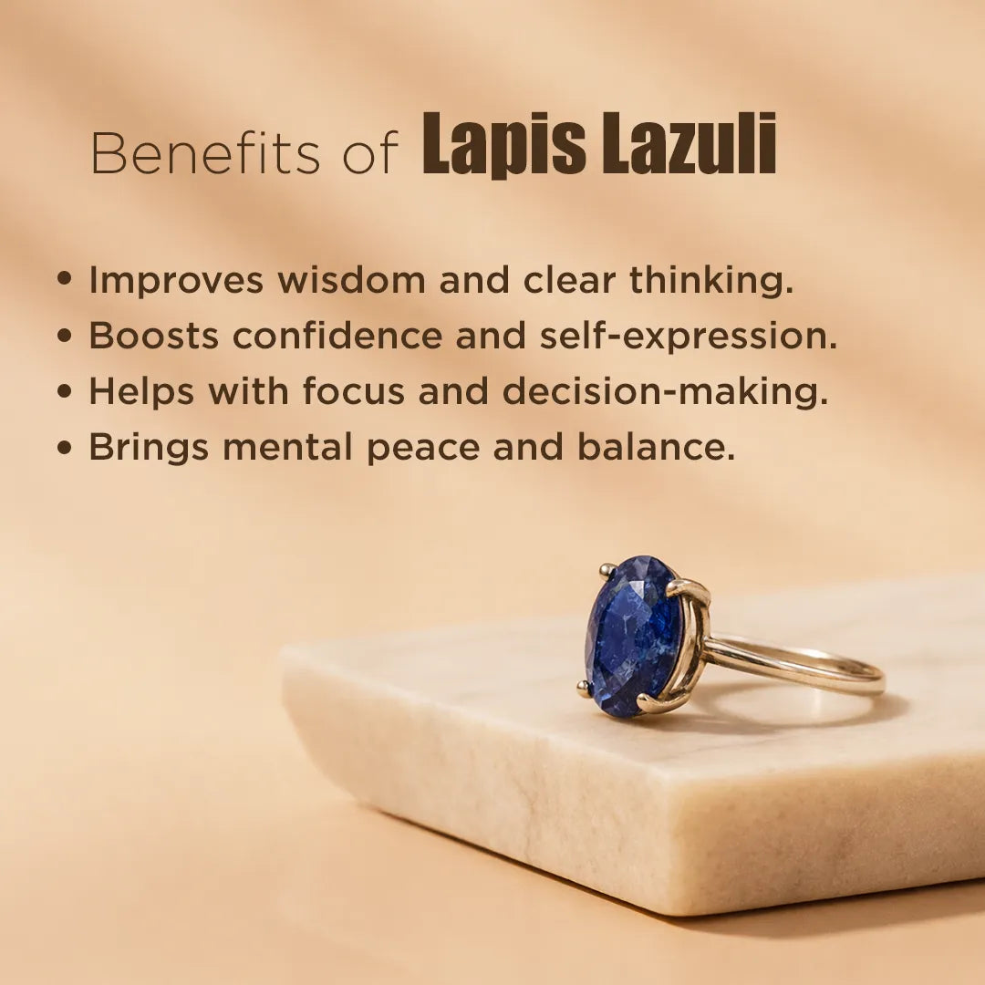 Lapis Lazuli ring on a marble surface with text about its benefits.