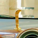 Gold car emblem on a car hood with a blurred background