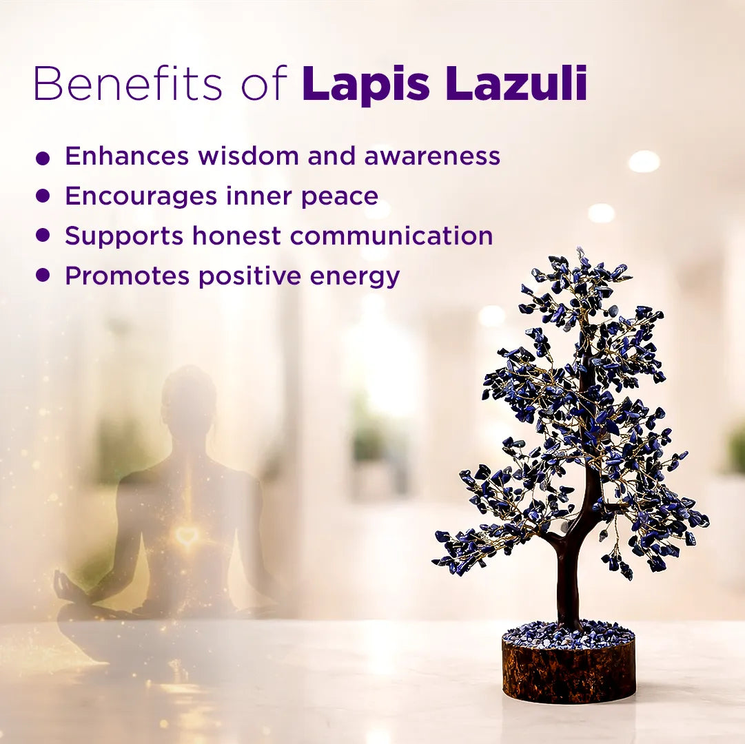 Lapis Lazuli tree with benefits listed on a blurred background