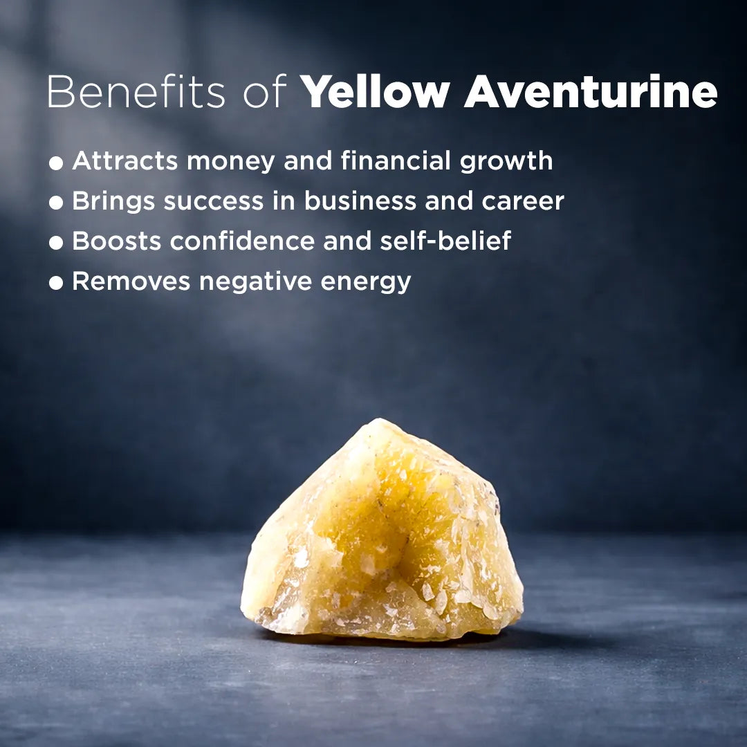 Yellow aventurine stone with text listing its benefits on a dark backgroundRough Natural Yellow Aventurine – Raw Abundance & Confidence Stone