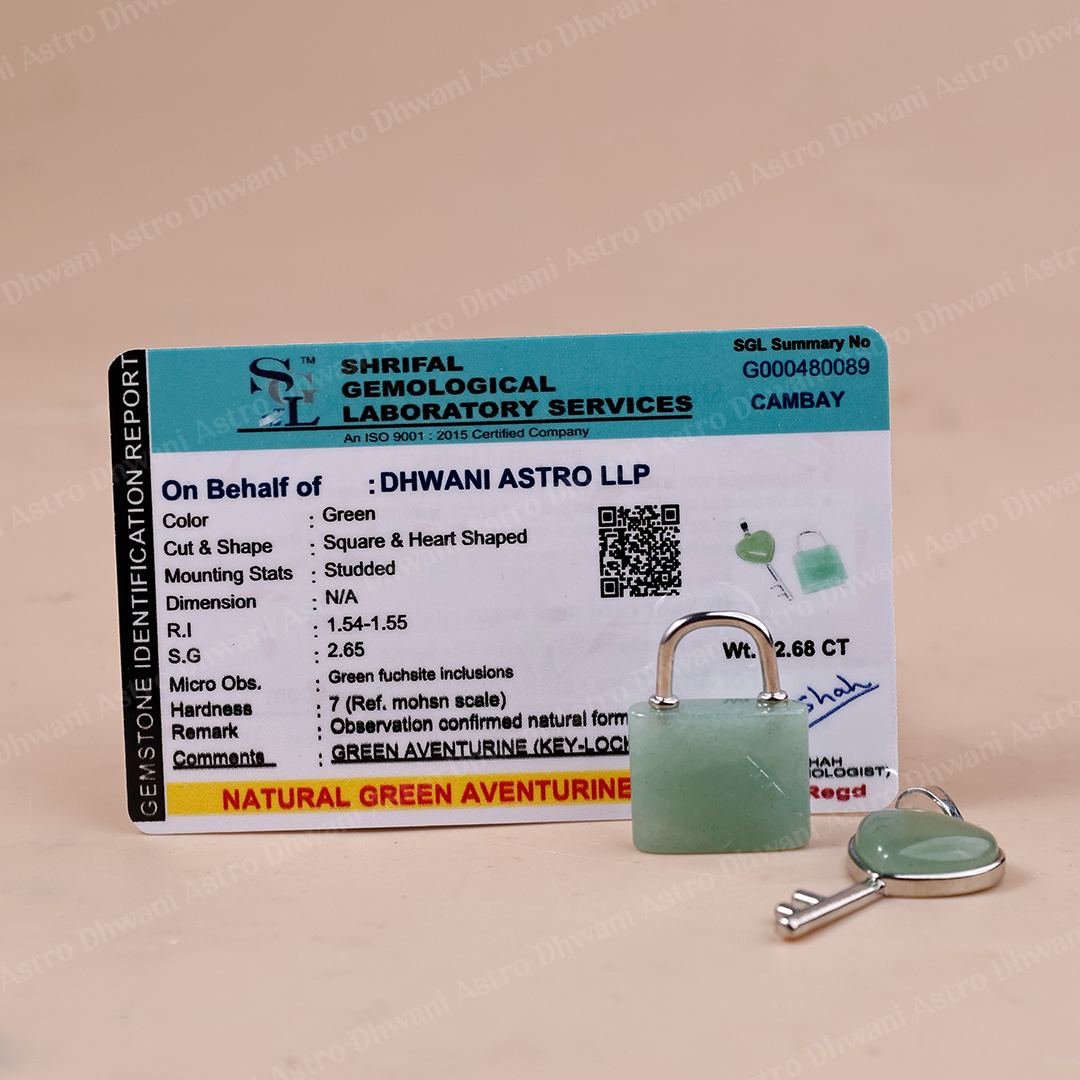 Green Aventurine Lock And Key Pendant -Abhimantrit & Certified