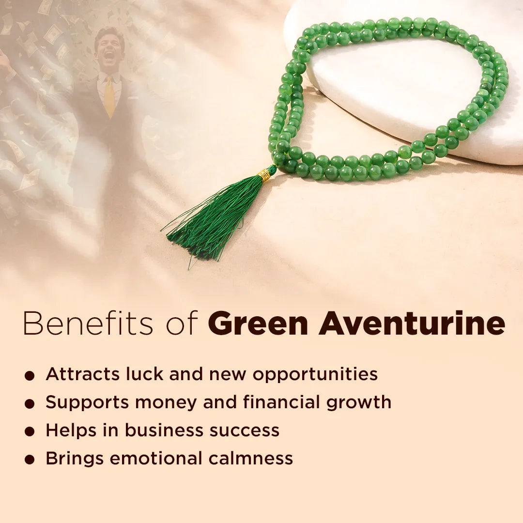 Green aventurine bracelet on a light surface with text about its benefits.