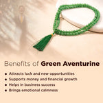 Green aventurine bracelet on a light surface with text about its benefits.