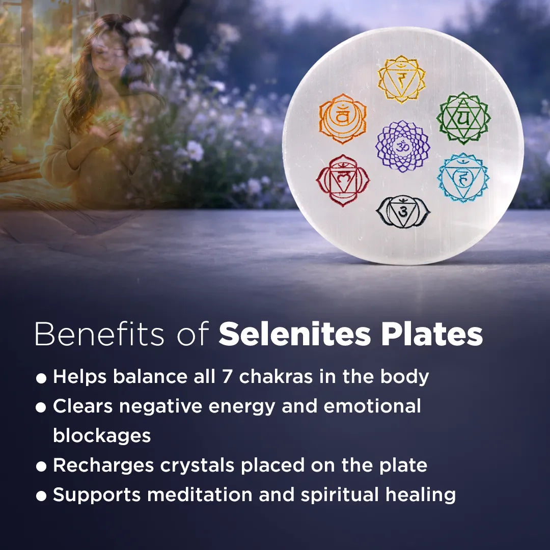 Selenite plate with chakra symbols on a blurred natural background7 Chakra Selenite Plate – Energy Balancing & Crystal Charging Plate (Round & Square Variants)