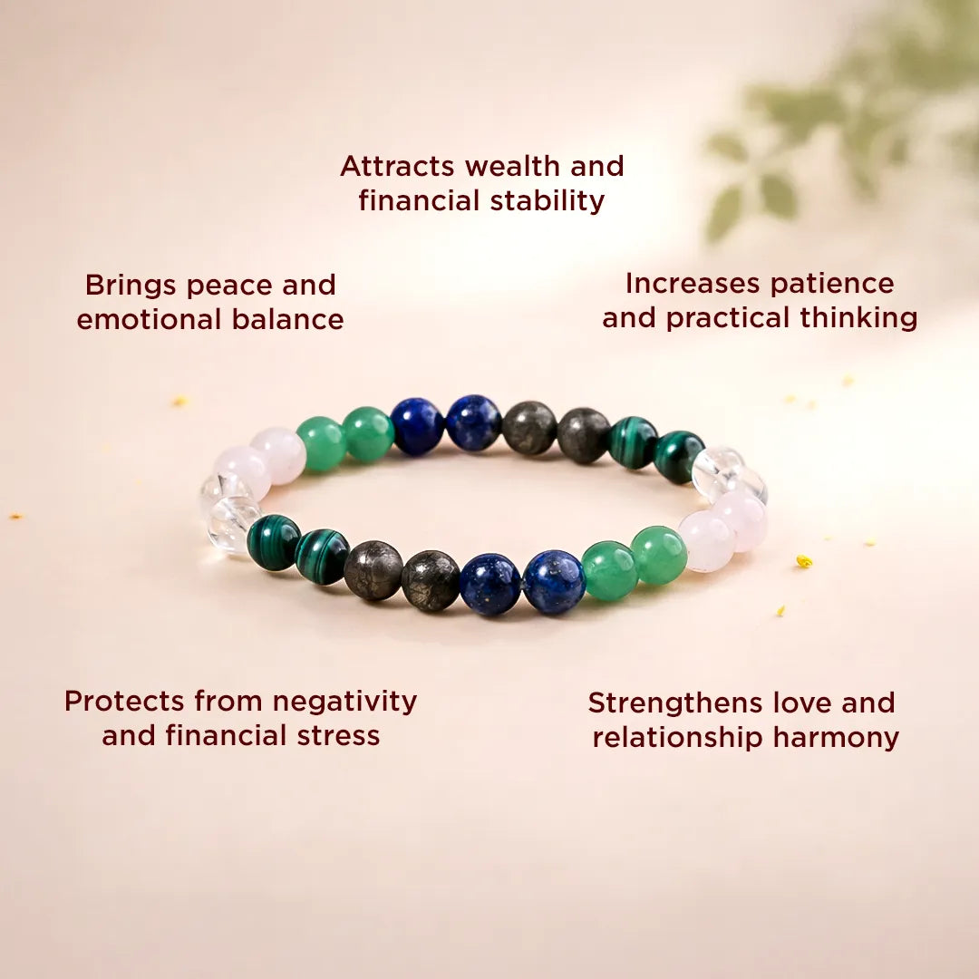 Colorful beaded bracelet with text describing its benefits on a light backgroundTaurus Zodiac Bracelet – Natural Multi Stone Bracelet – Abhimantrit & Energized