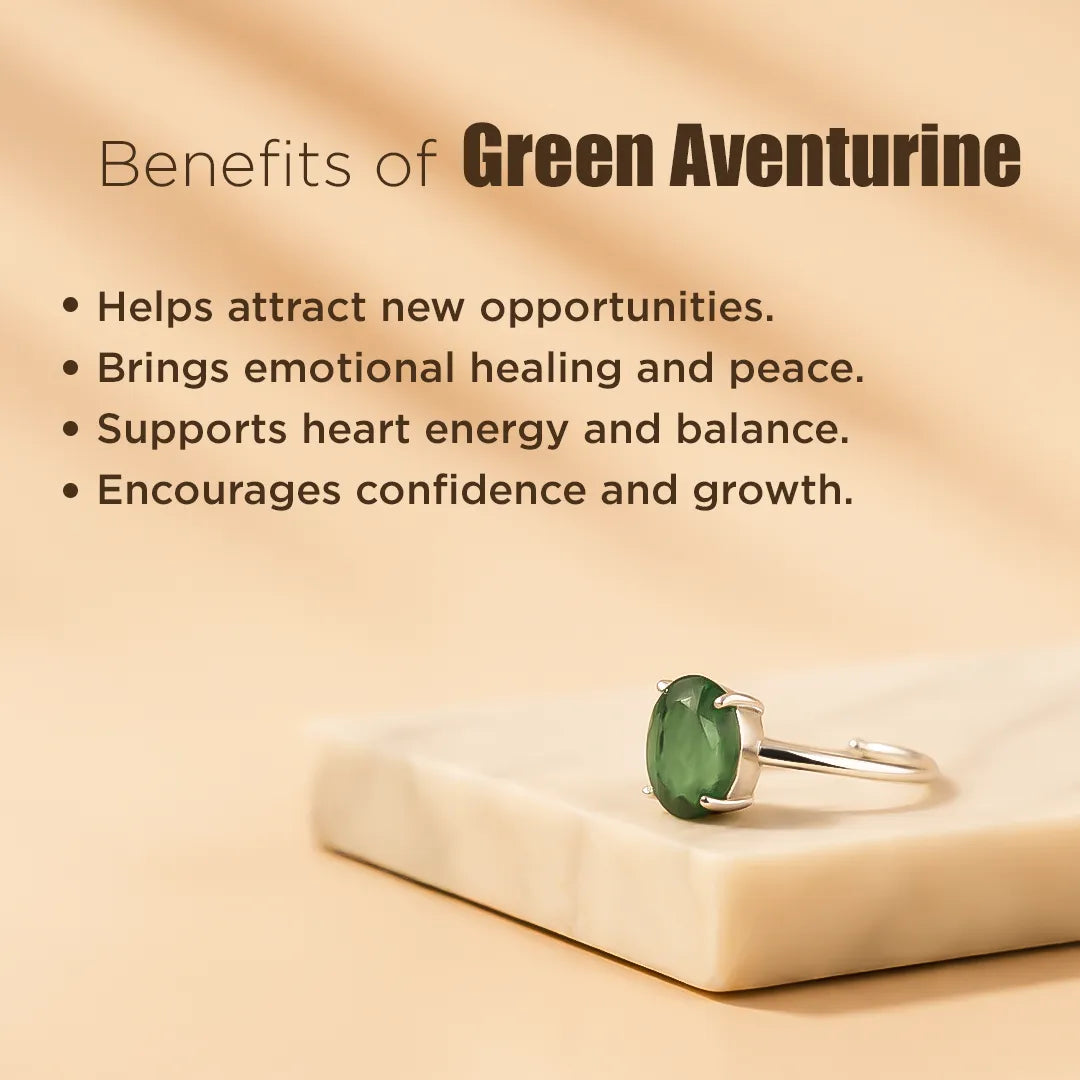 Green aventurine ring on a beige surface with text listing benefitsGreen Aventurine Ring – Luck Booster & Opportunity Magnet