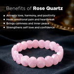 Pink rose quartz bracelet with benefits listed on a dark background