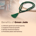 Green jade necklace with tassel on a neutral background, accompanied by text listing benefits.